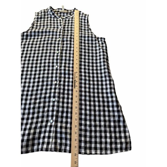 Eileen Fisher Mandarin Collar Linen Gingham Tunic Top size Medium Sleeveless Che - Picture 5 of 8